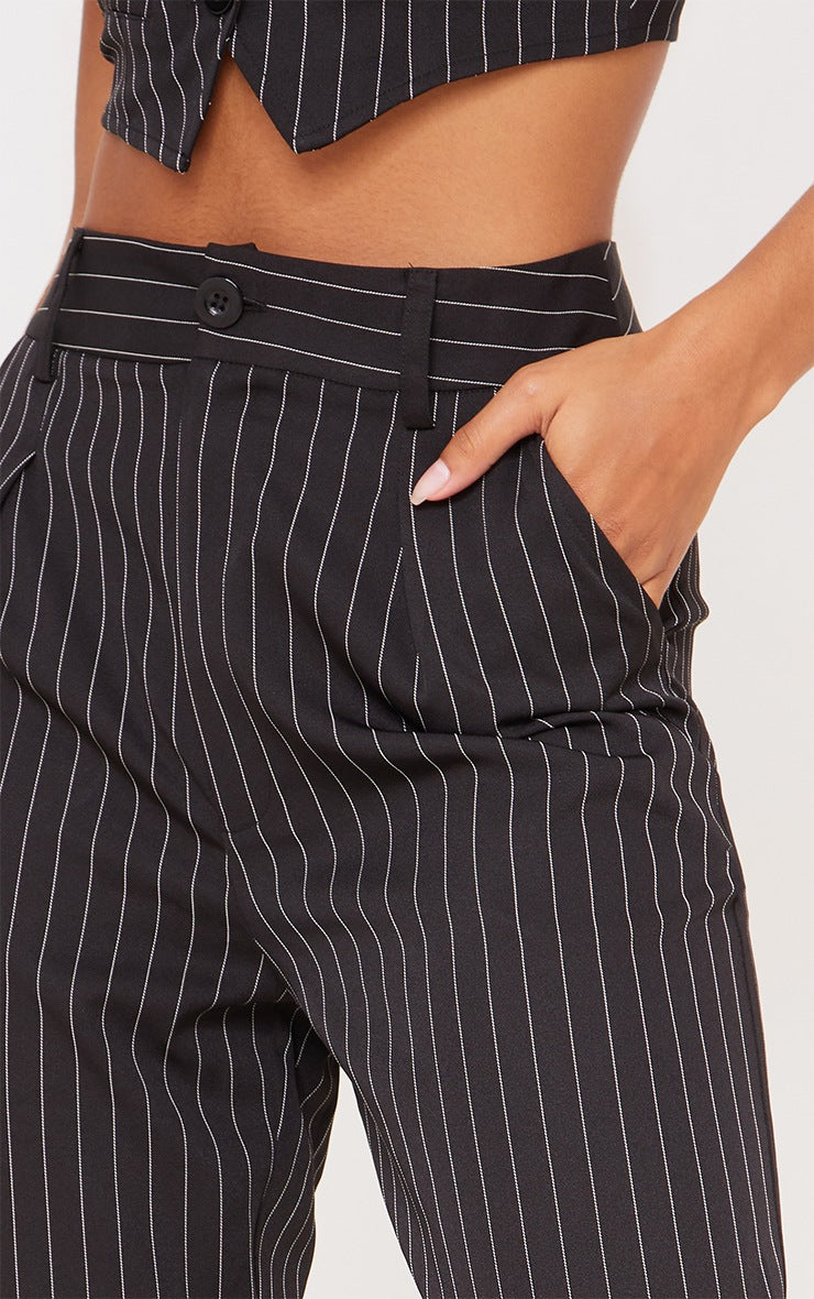 High waisted handmade straight leg pants black pinstripe