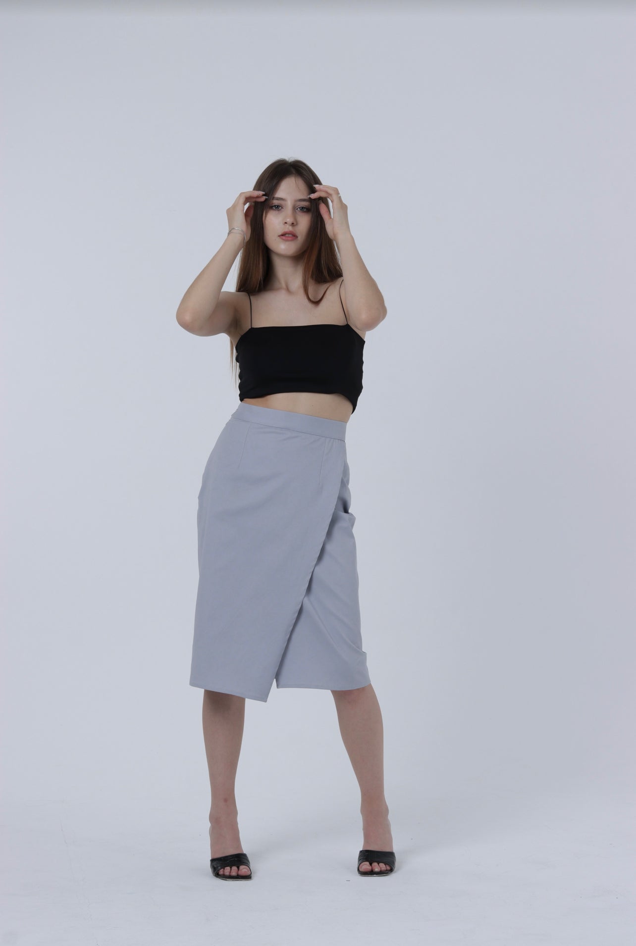 Grey pencil outlet wrap skirt